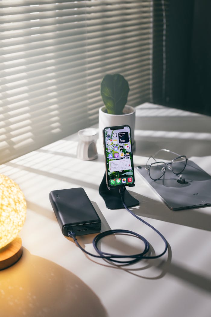 A stylish workspace featuring a smartphone, tablet, and eyeglasses illuminated by natural light.